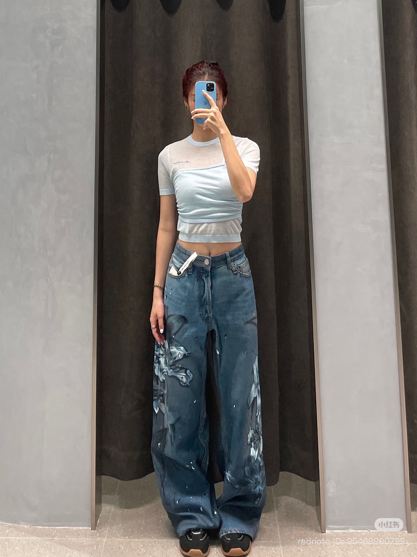 Ann Andelman Blue Floral Wide-leg Jeans