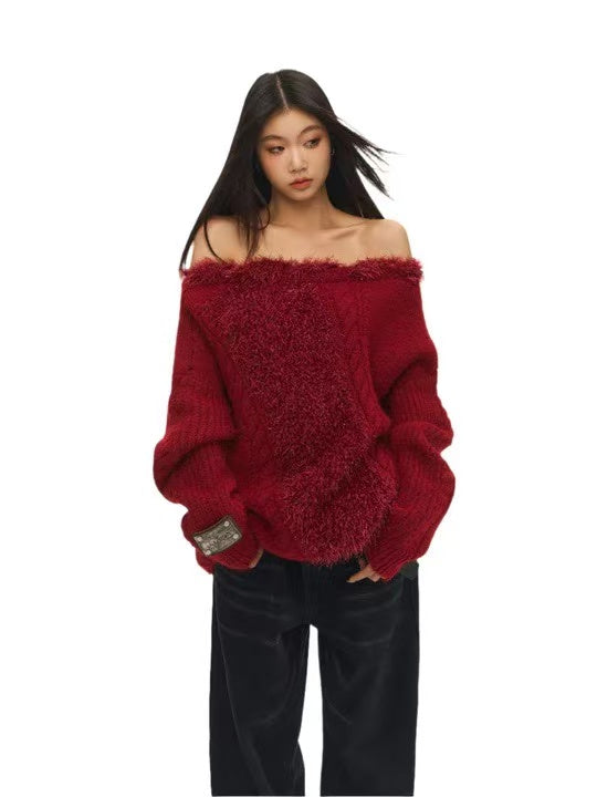 Naws Feathered Yarn Off-shoulder Sweater