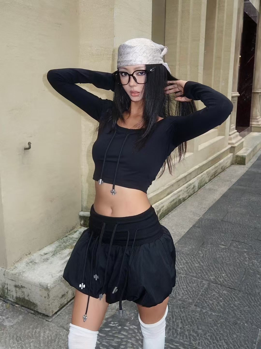 yj1ngzyzj Bow Low-Cut Long-Sleeved Top