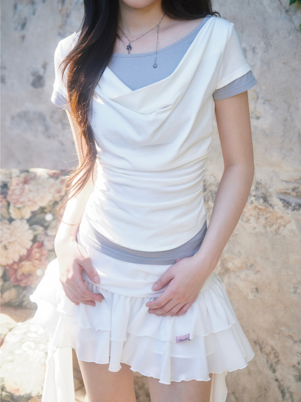 Newalrin Tori Draping Layered Short Sleeve Top
