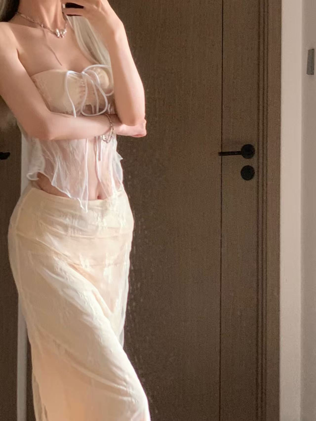 Sheer Lace Bandeau & Maxi Skirt Set – Dreamy Nude