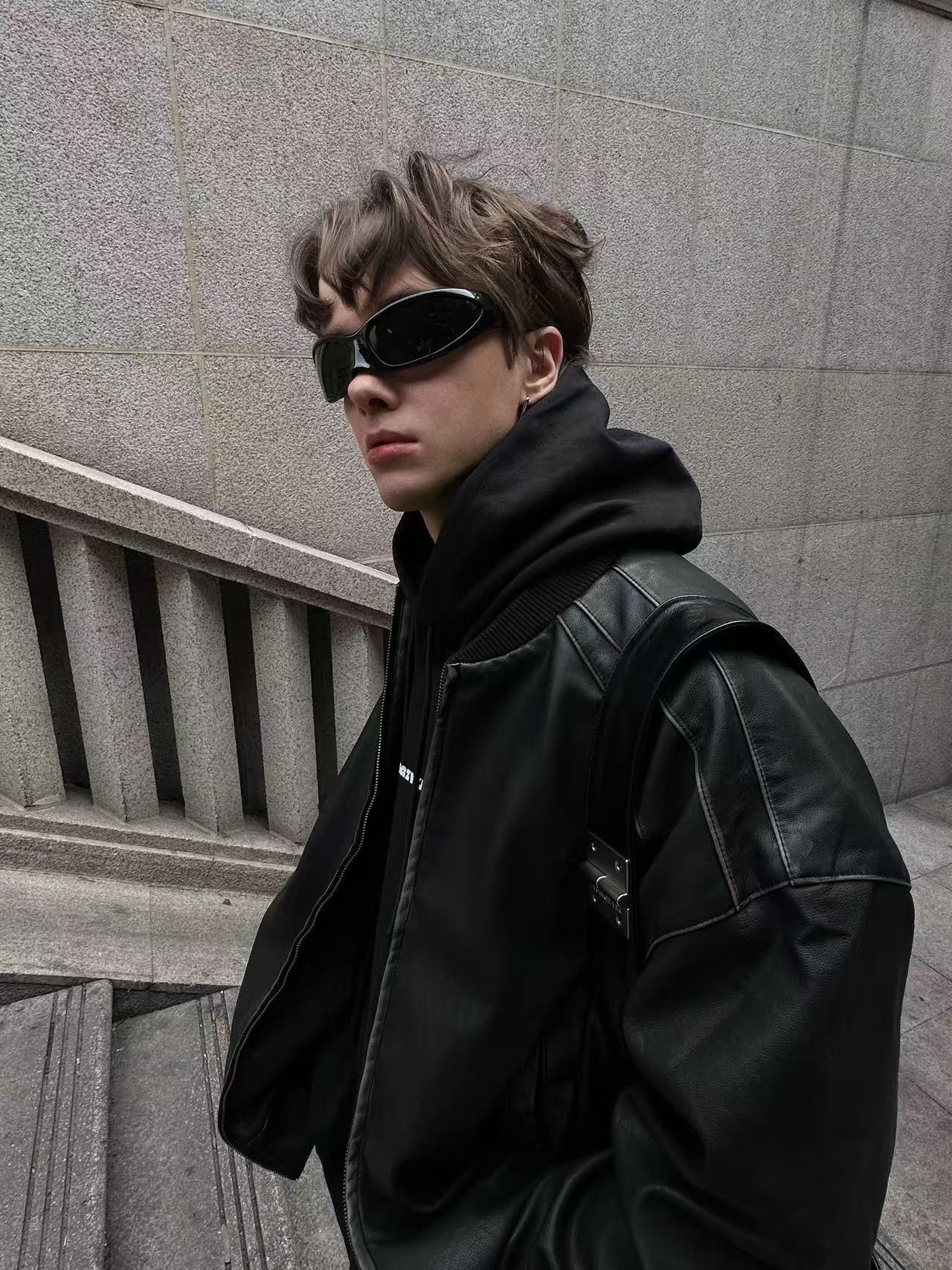 YJ1NGZYZJ Black Faded Leather Jacket