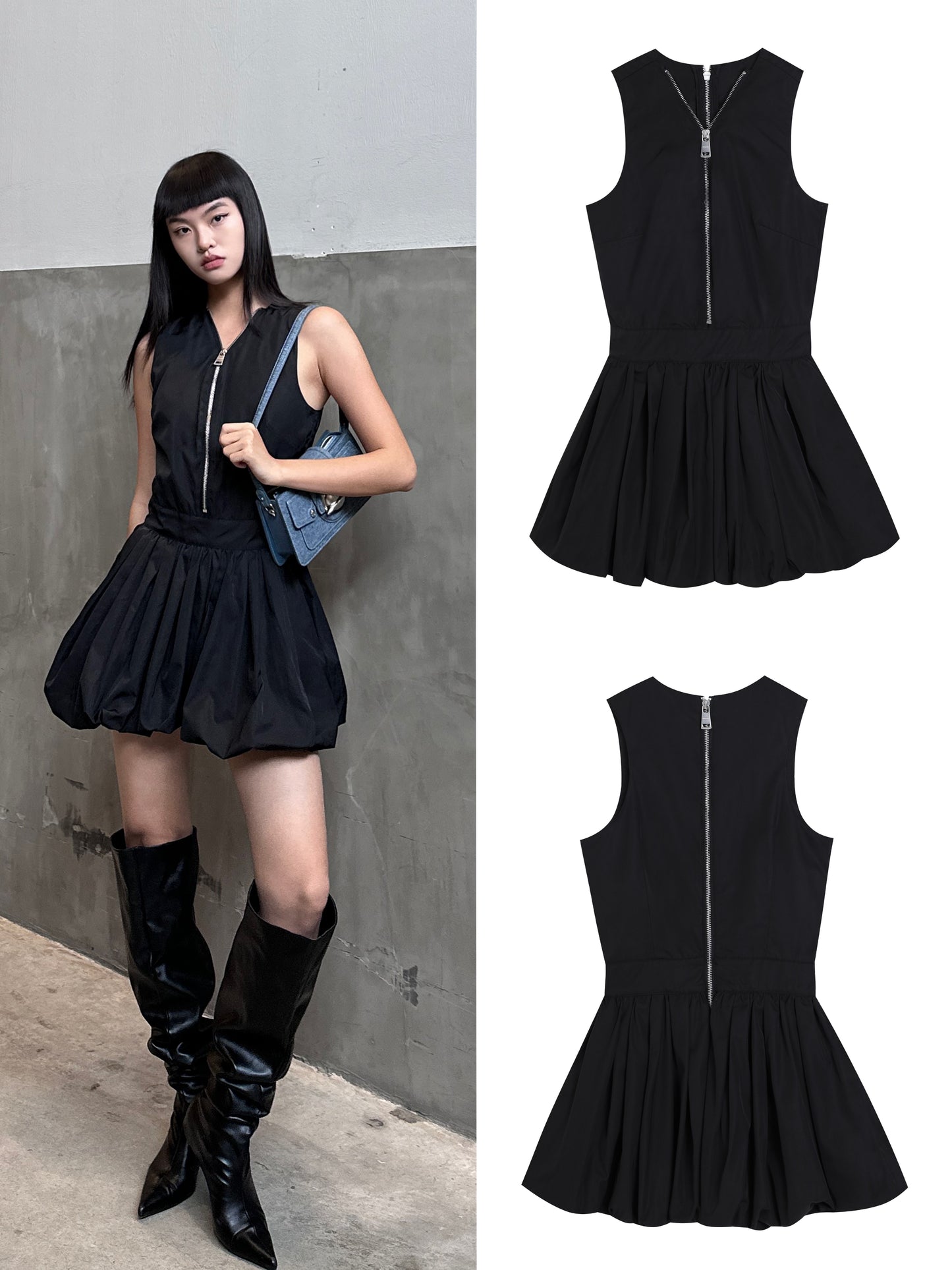 YJ1NGZYZJ Black Pleated Puffy Dress