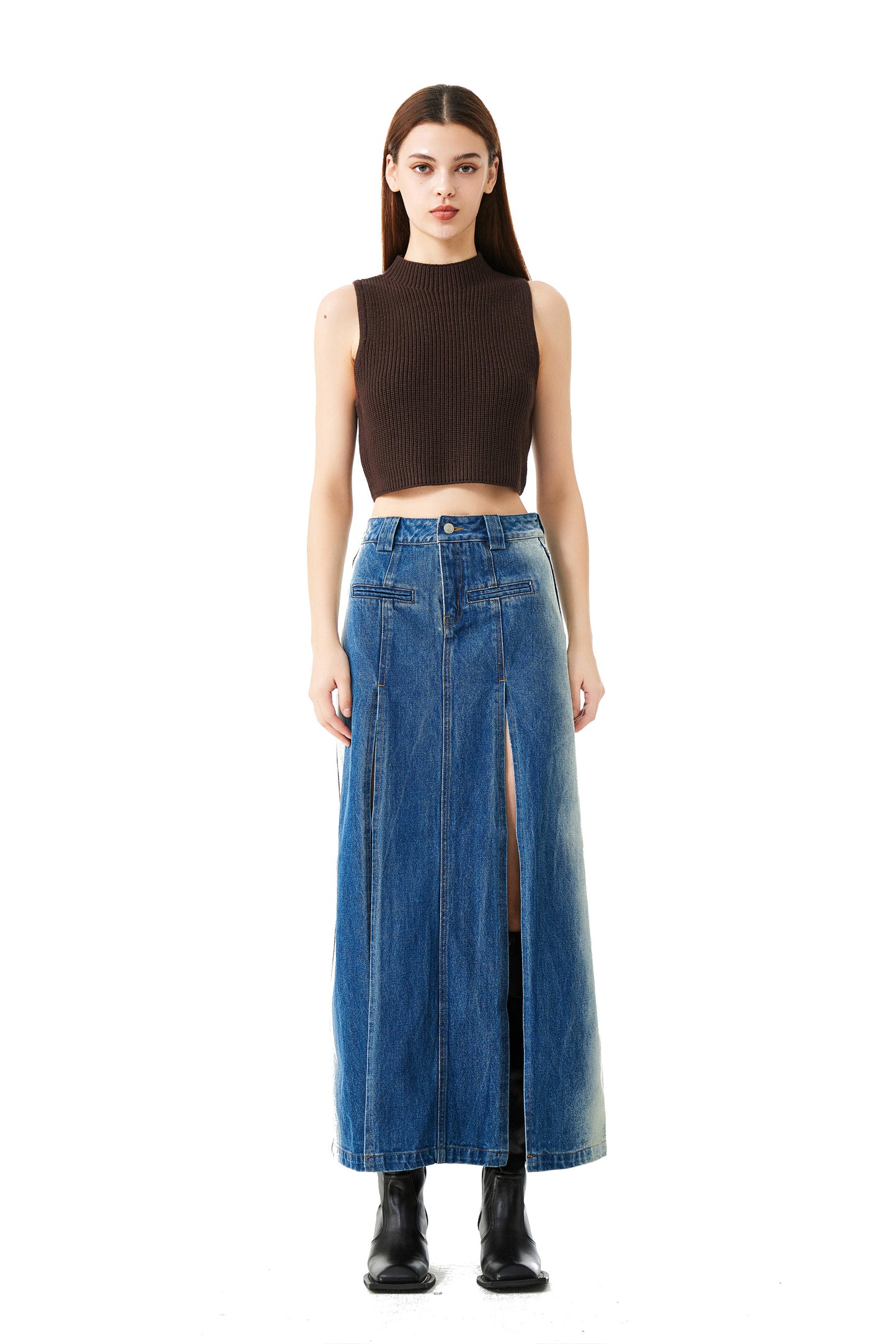 YJ1NGZYZJ High-Slit Denim Skirt