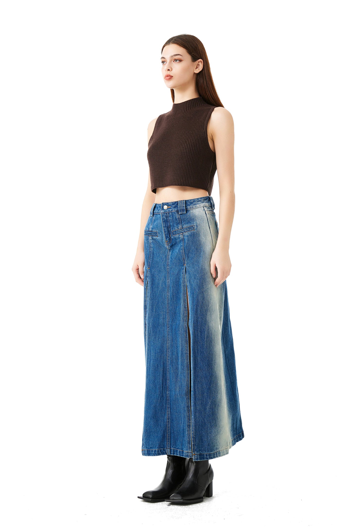 YJ1NGZYZJ High-Slit Denim Skirt