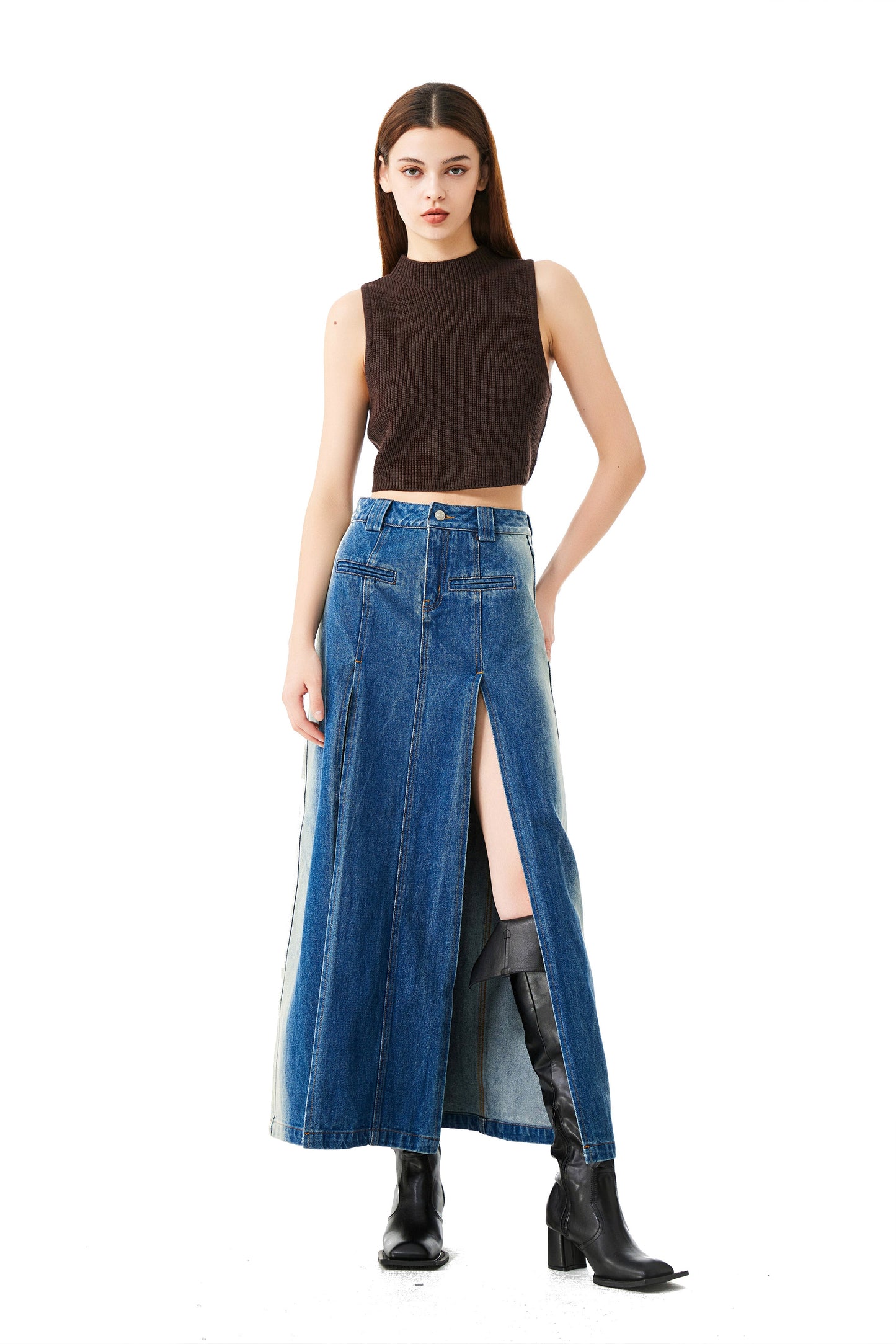 YJ1NGZYZJ High-Slit Denim Skirt