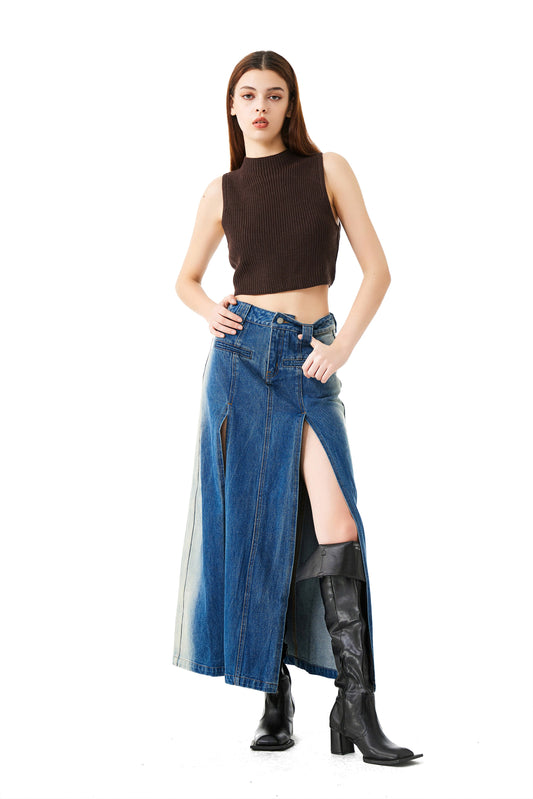 YJ1NGZYZJ High-Slit Denim Skirt