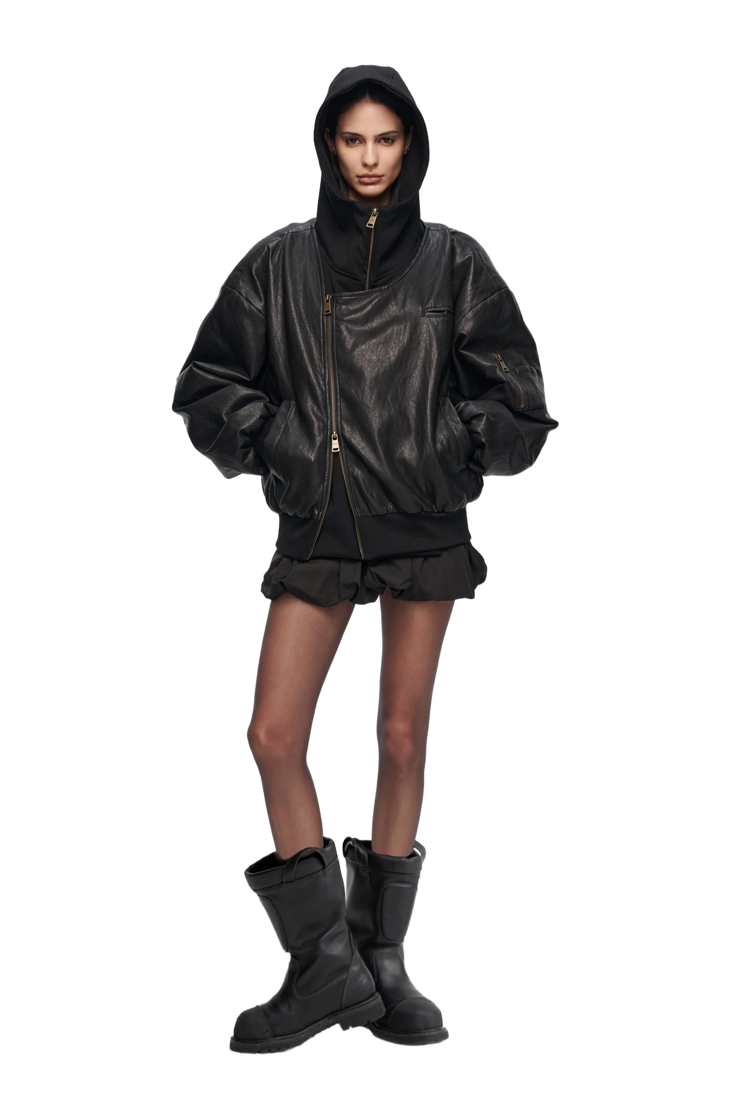 YJ1NGZYZJ Oversized Leather Bomber Jacket in Black