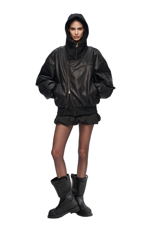 YJ1NGZYZJ Oversized Leather Bomber Jacket in Black