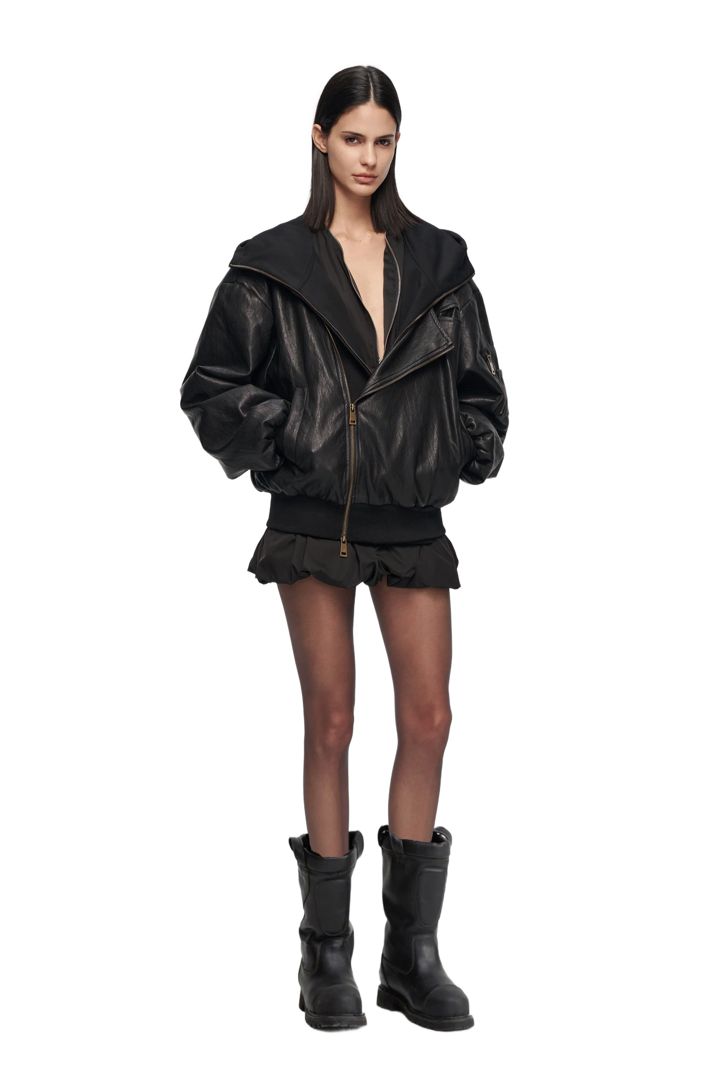 YJ1NGZYZJ Oversized Leather Bomber Jacket in Black