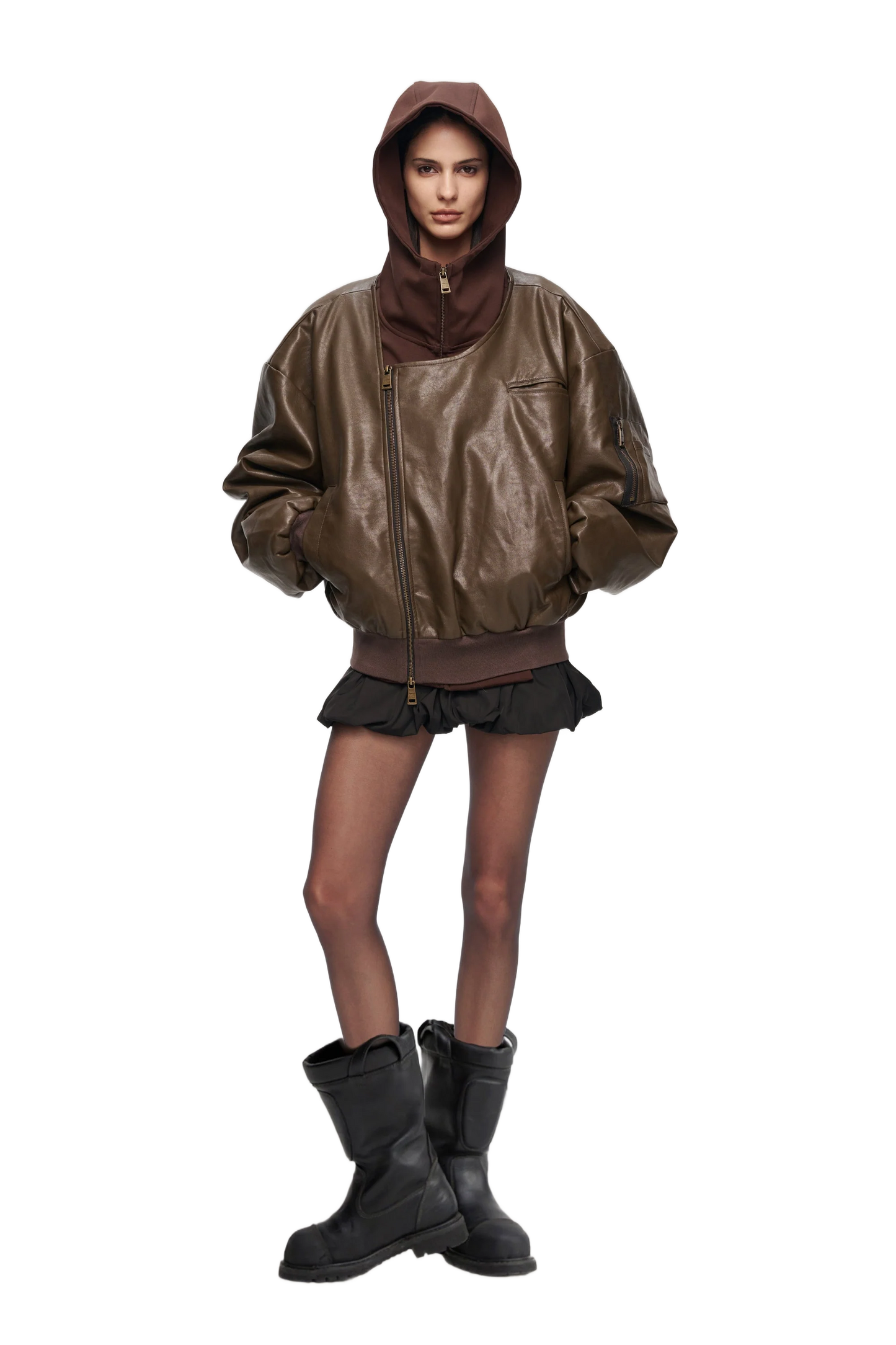 Oversized Leather Bomber Jacket in Brown