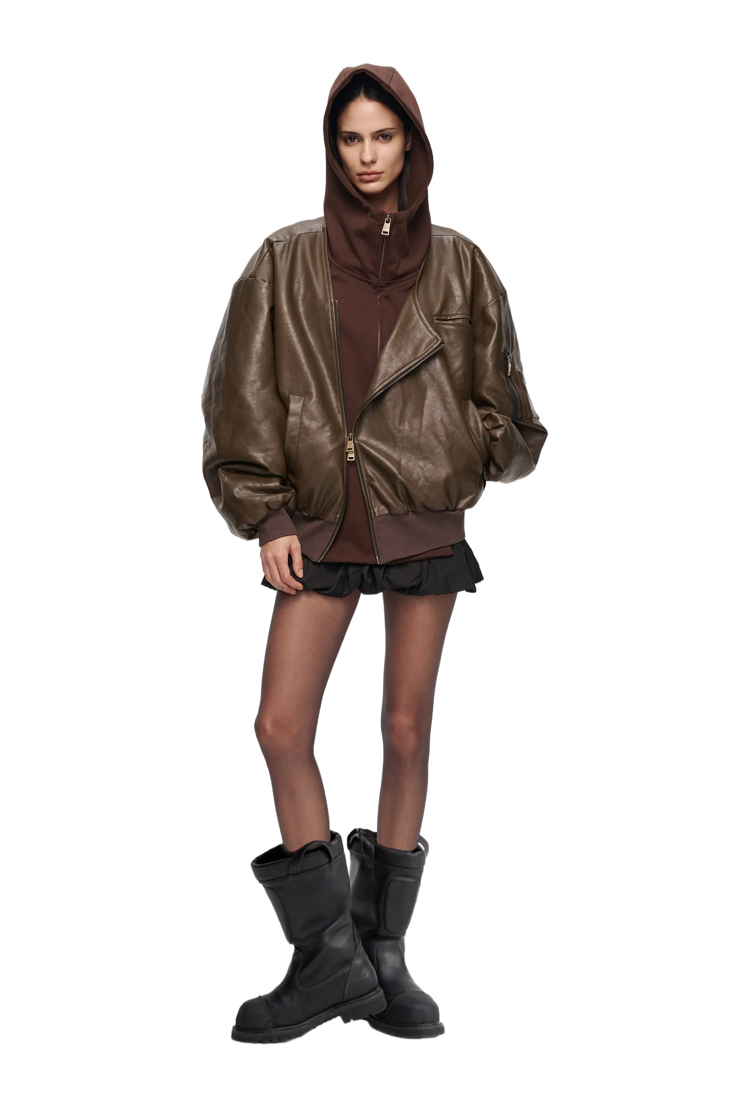 Oversized Leather Bomber Jacket in Brown