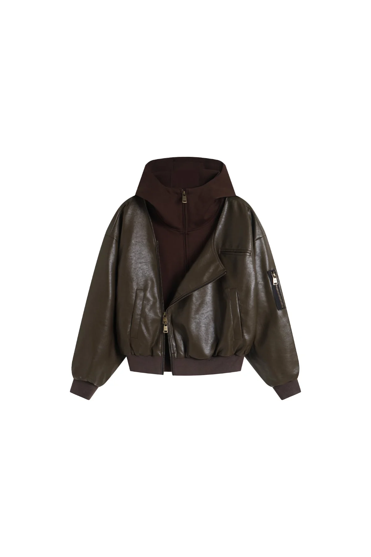 Oversized Leather Bomber Jacket in Brown