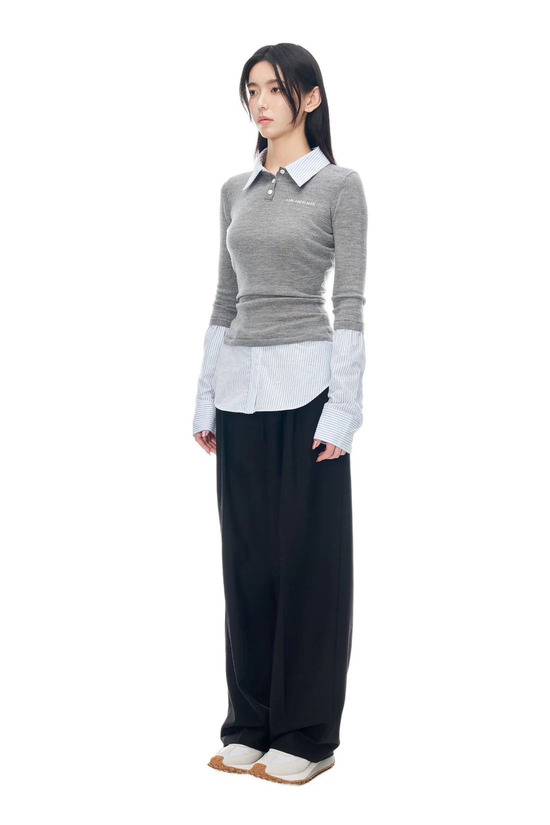 Ann Andelman Gray Patchwork Shirt Fake Two-piece Knitted Long Sleeves