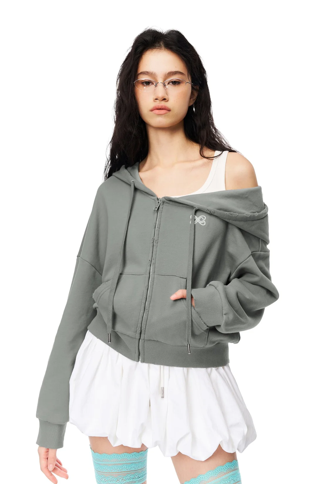 Ann Andelman Gray Green Off Shoulder Sweatshirt易梦玲同款