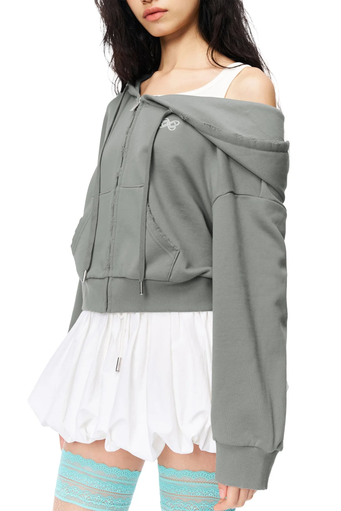 Ann Andelman Gray Green Off Shoulder Sweatshirt易梦玲同款