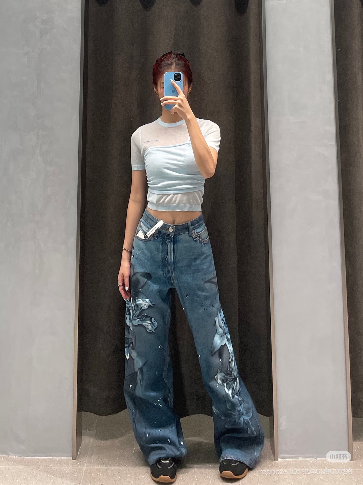 Ann Andelman Blue Floral Wide-leg Jeans