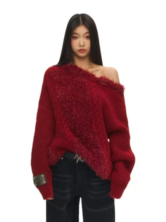 Naws Feathered Yarn Off-shoulder Sweater