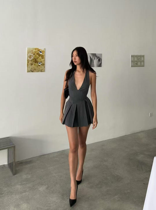 YJ1NGZYZJ Grey Halter Neck Lace-Up Mini Dress
