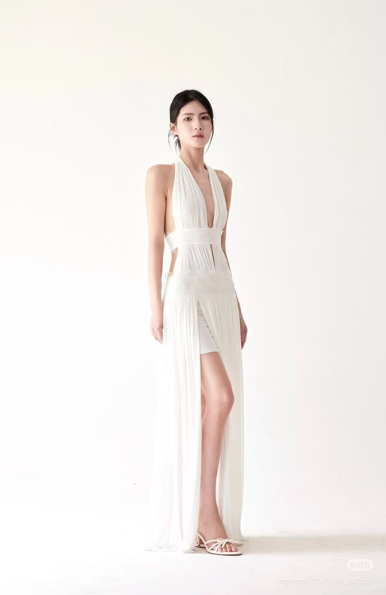 Tsuki HALTER NECK PLEATED BACKLESS MAXI DRESS