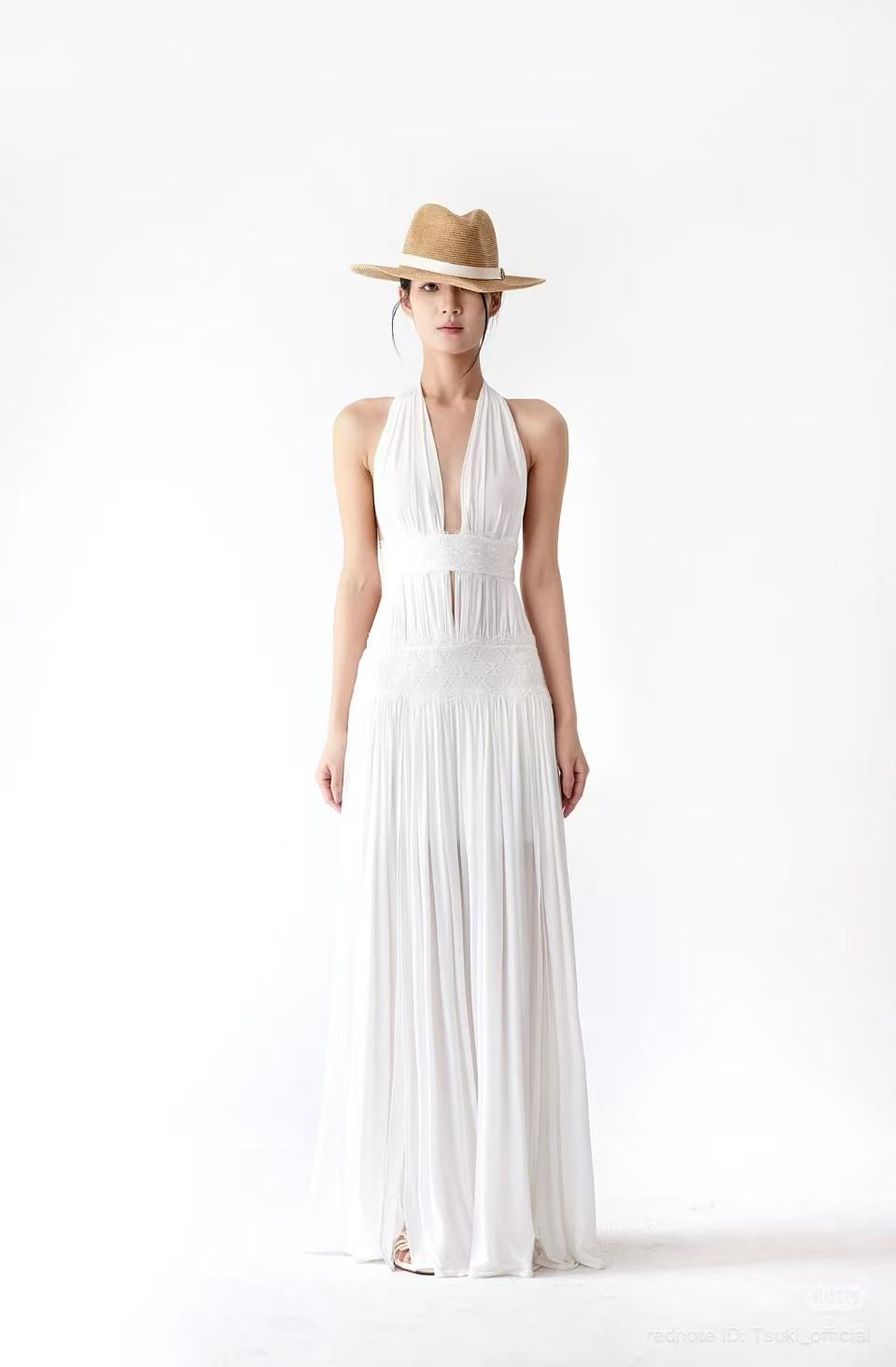 Tsuki HALTER NECK PLEATED BACKLESS MAXI DRESS