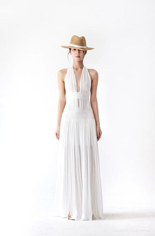 Tsuki HALTER NECK PLEATED BACKLESS MAXI DRESS