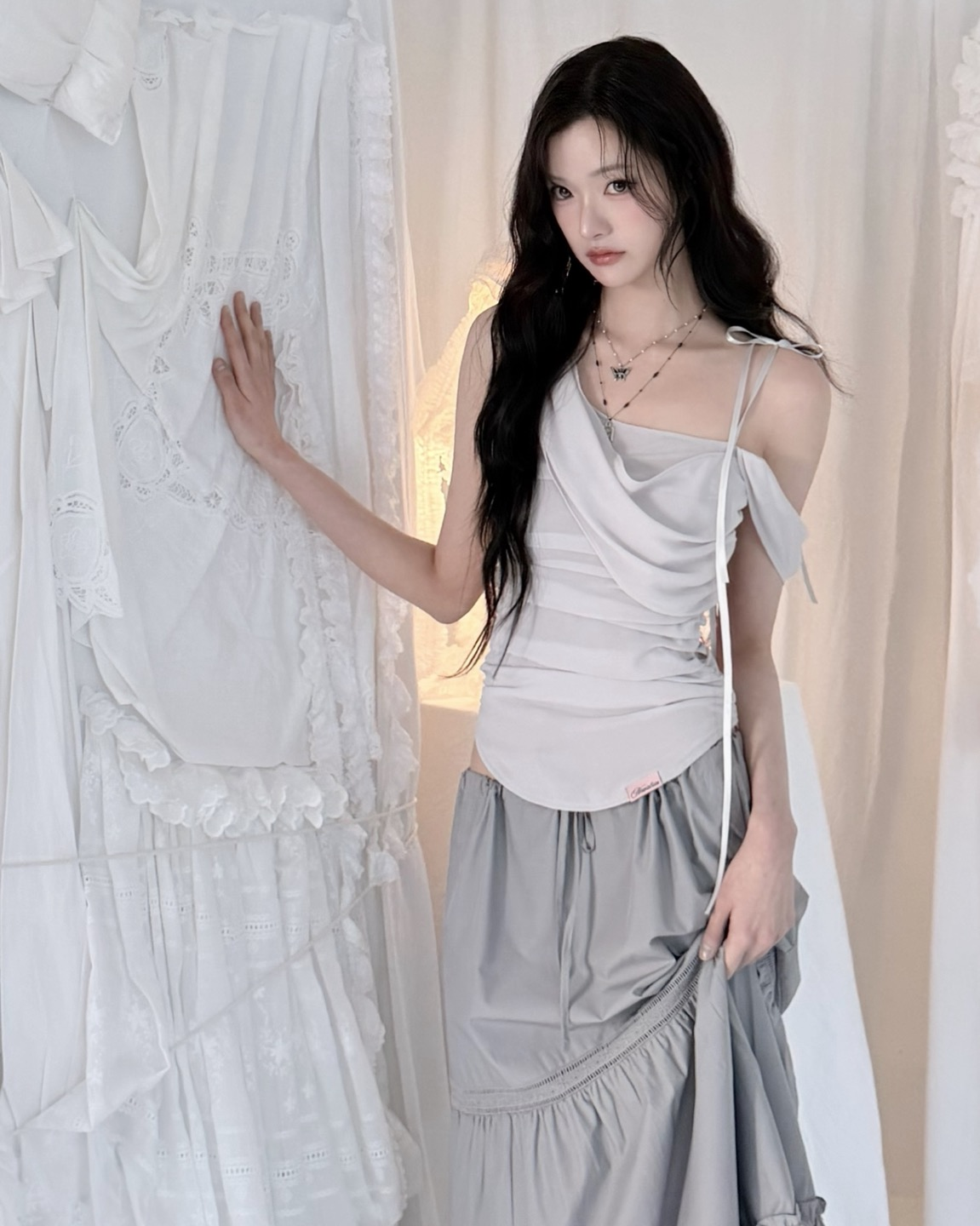 Newalrin Glow Chiffon Shirred Sleeveless Blouse