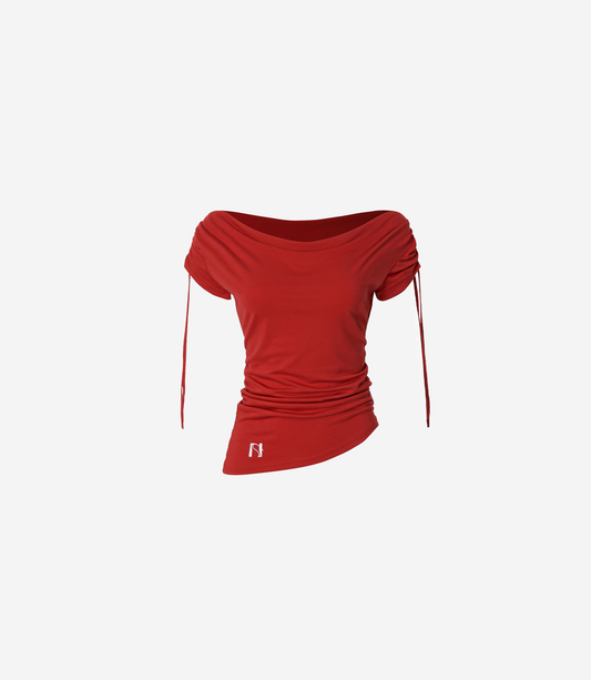 Newalrin Meow Summer draping shrring Boat neck Top