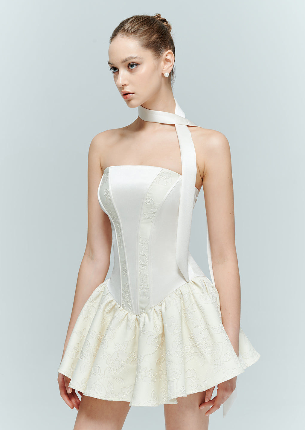 Artel Retro White Jacquard Bustier Corset Ball Gown with Puffed Skirt