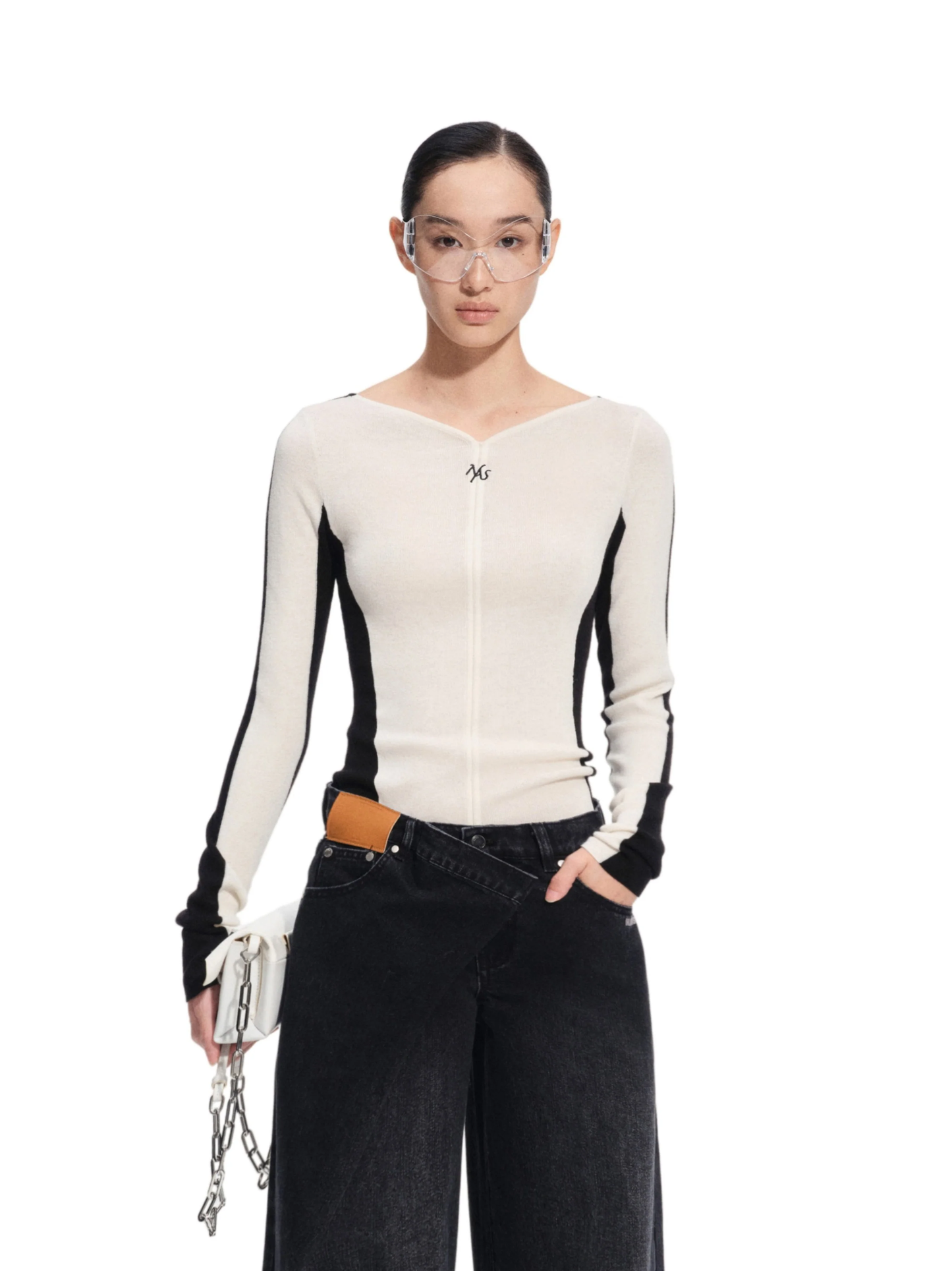 Naws Classic Black & White Waterfall Knit Top