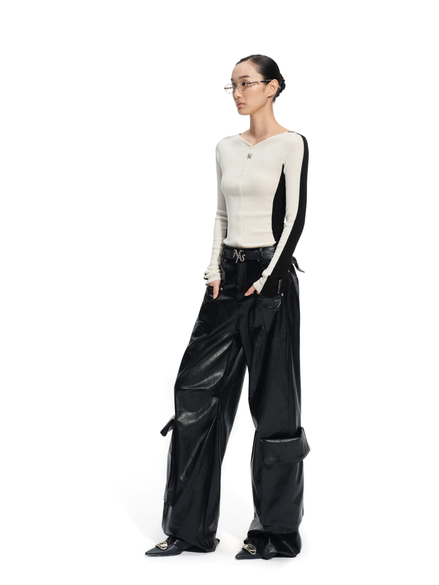 Naws Classic Black & White Waterfall Knit Top