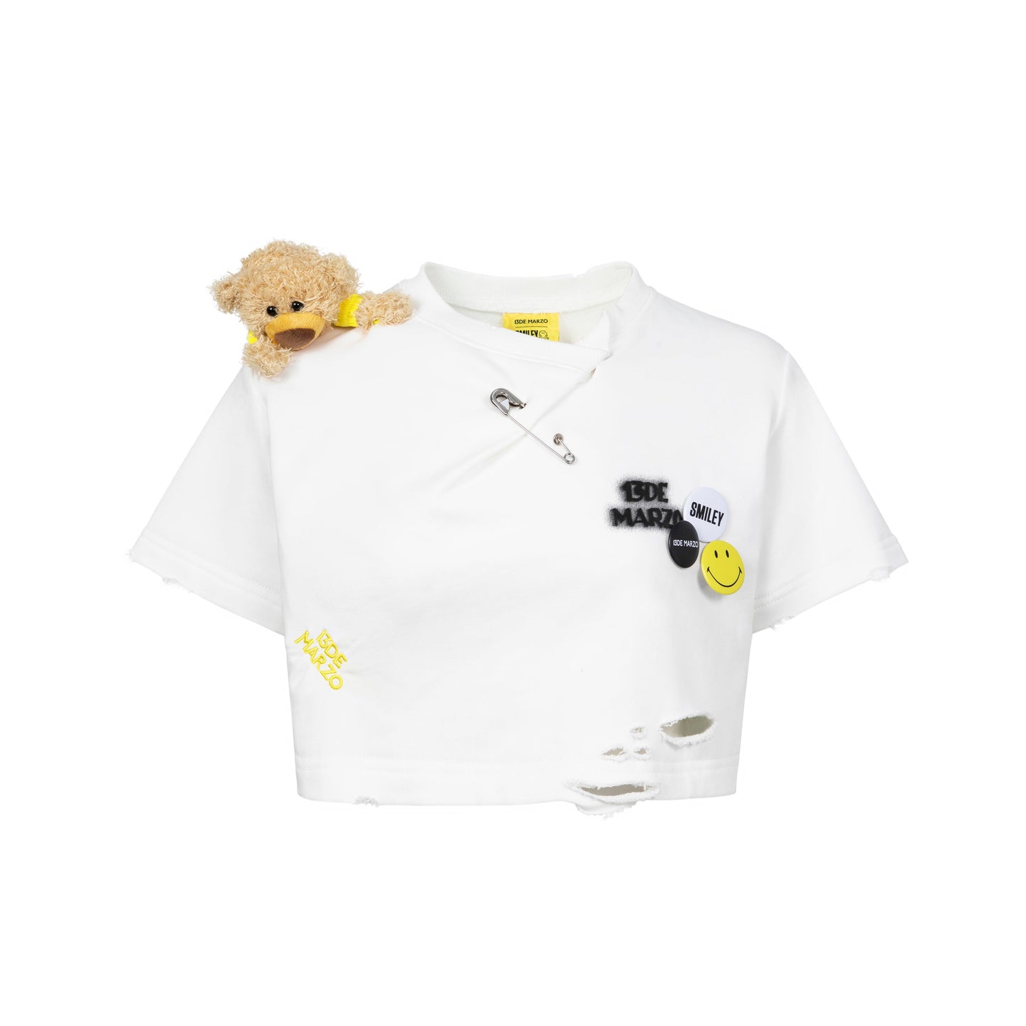 13DE MARZO Broken Pin Badge Bear Short T-shirt