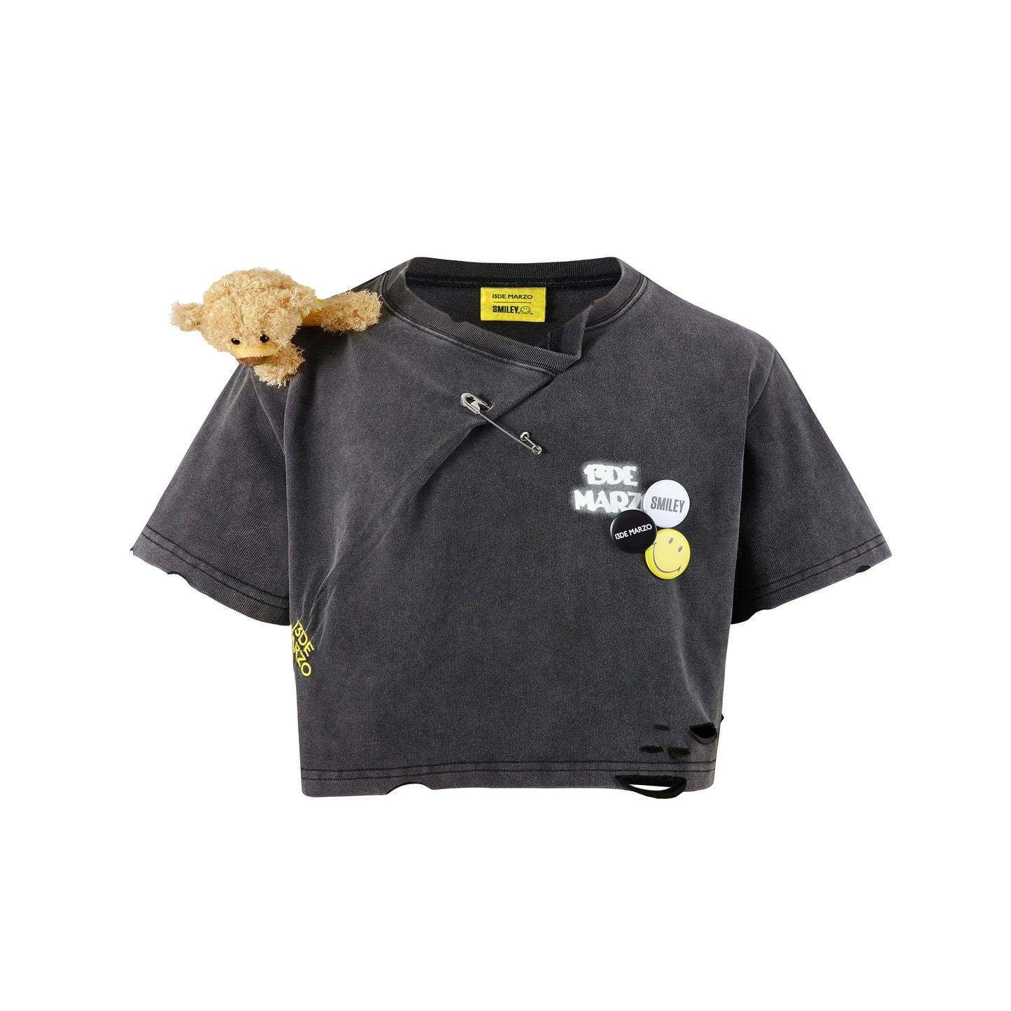 13DE MARZO Broken Pin Badge Bear Short T-shirt