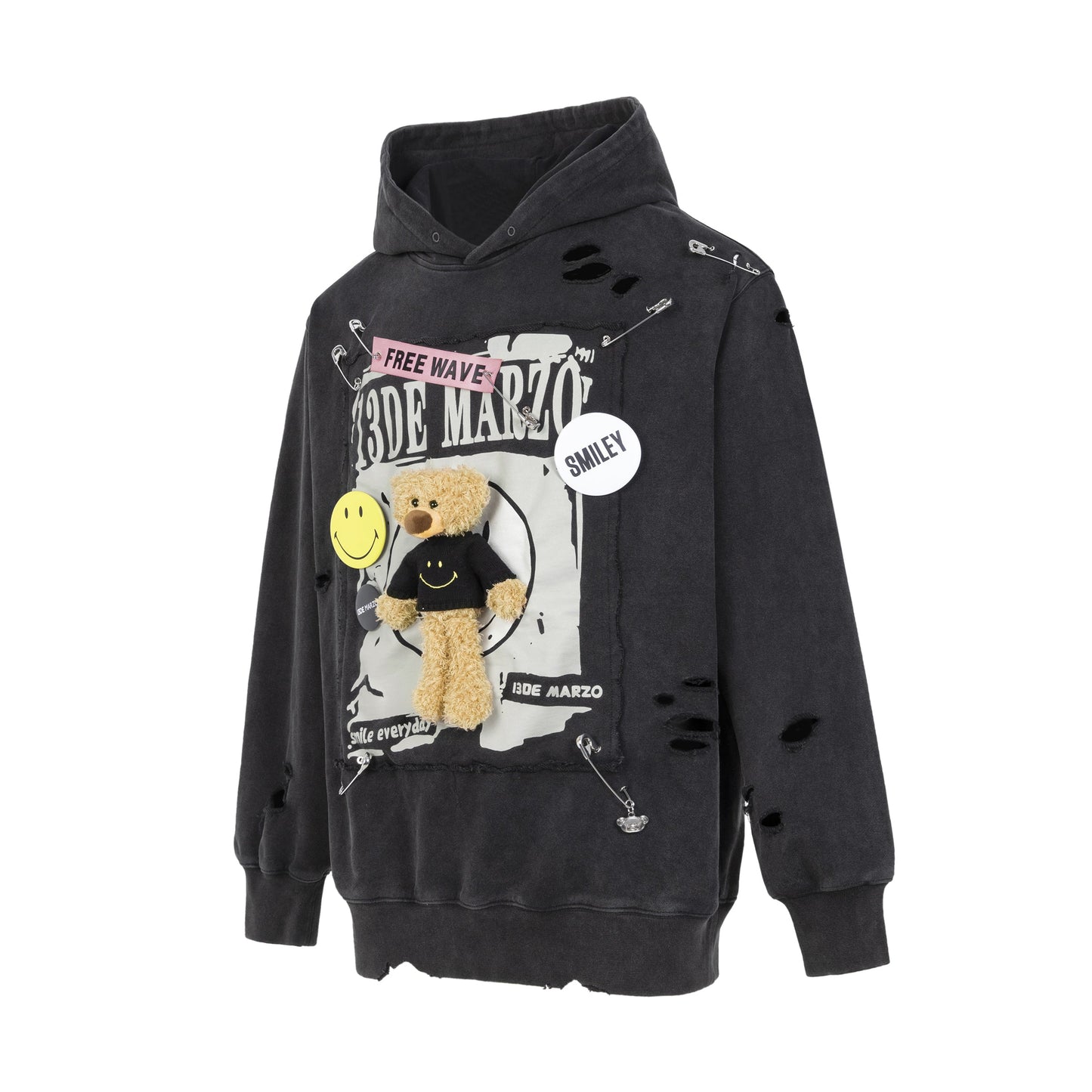 13DE MARZO Broken Pin Badge Bear Hoodie