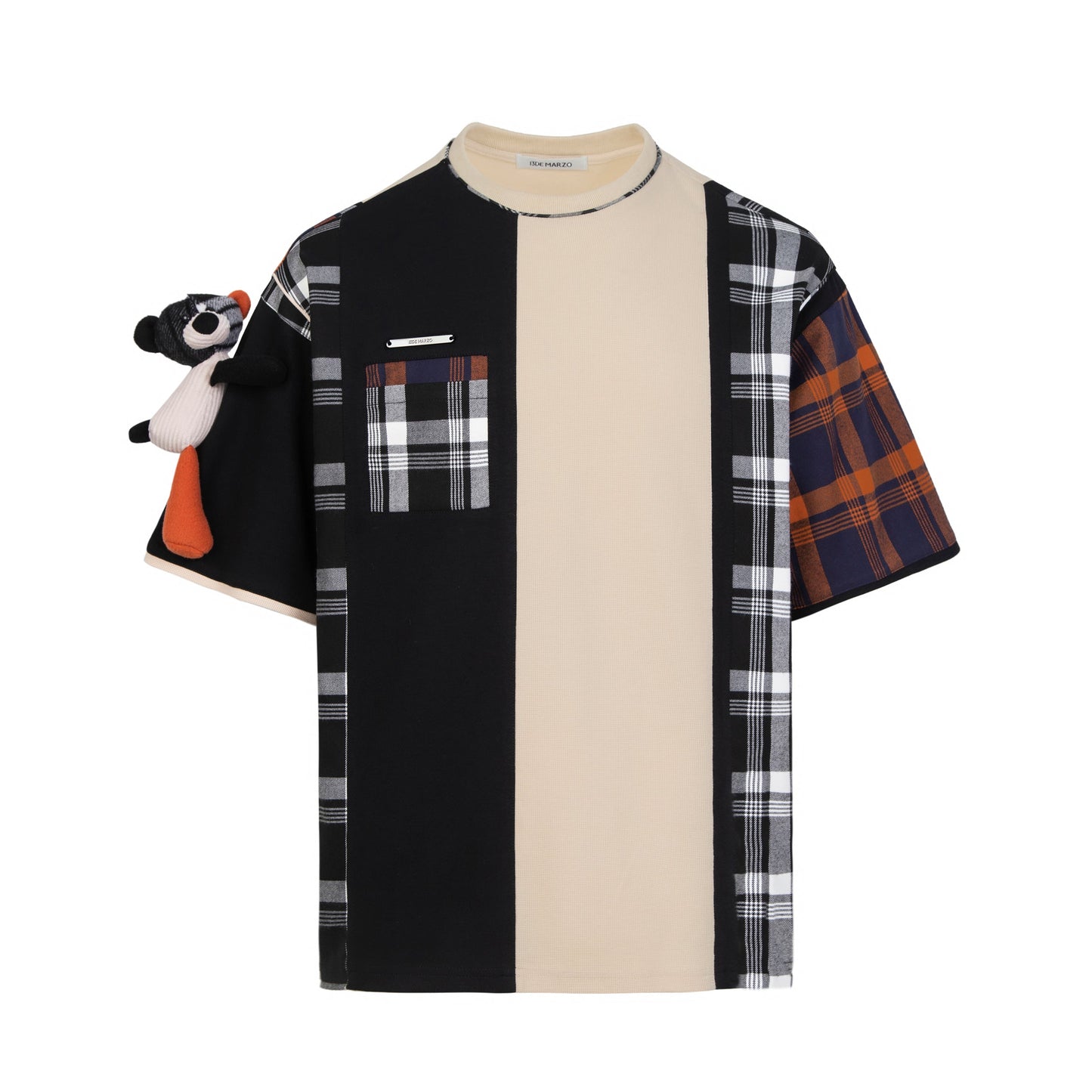 13DE MARZO Vintage Plaid Patch T-shirt