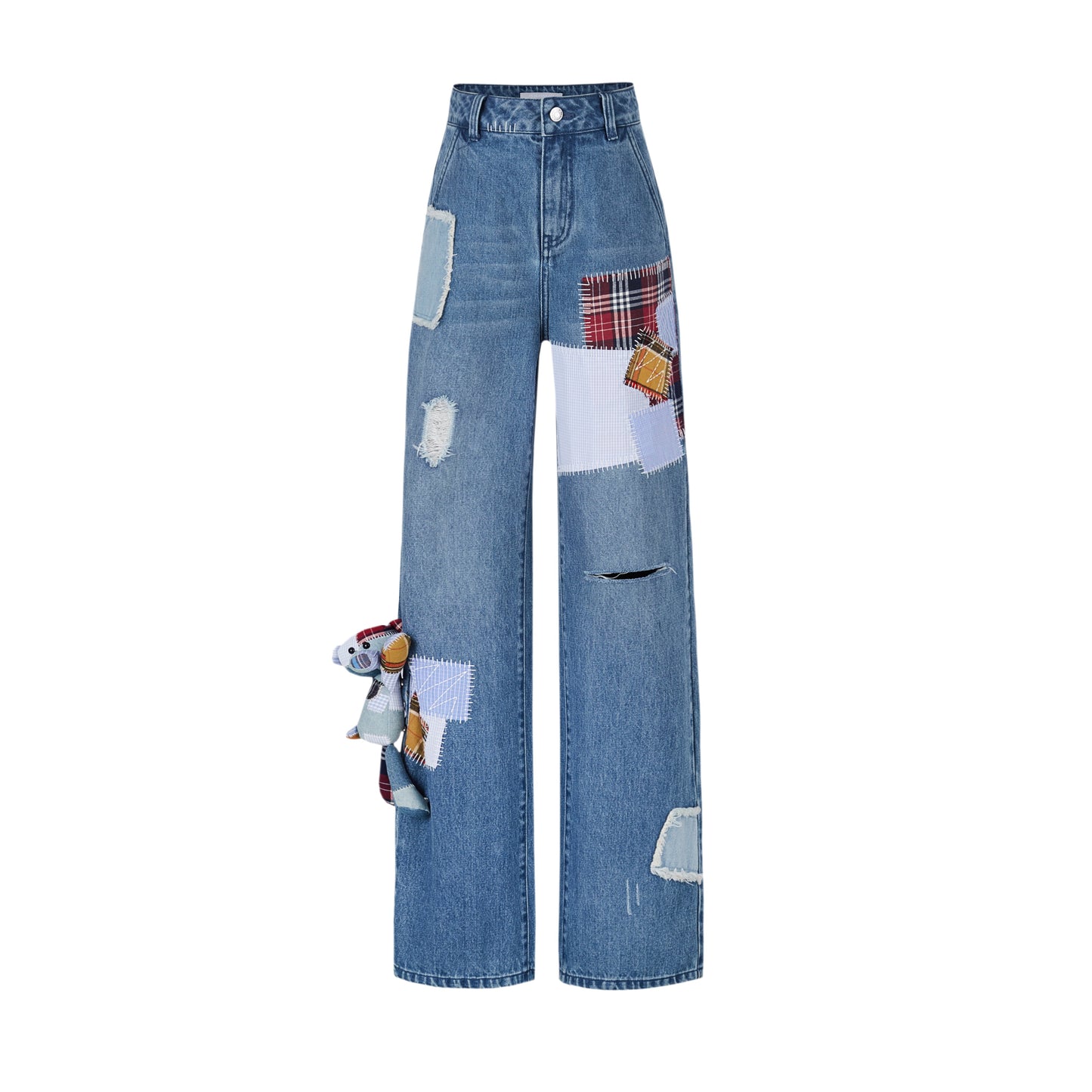 13DE MARZO Denim Bear Plaid Patch Jeans