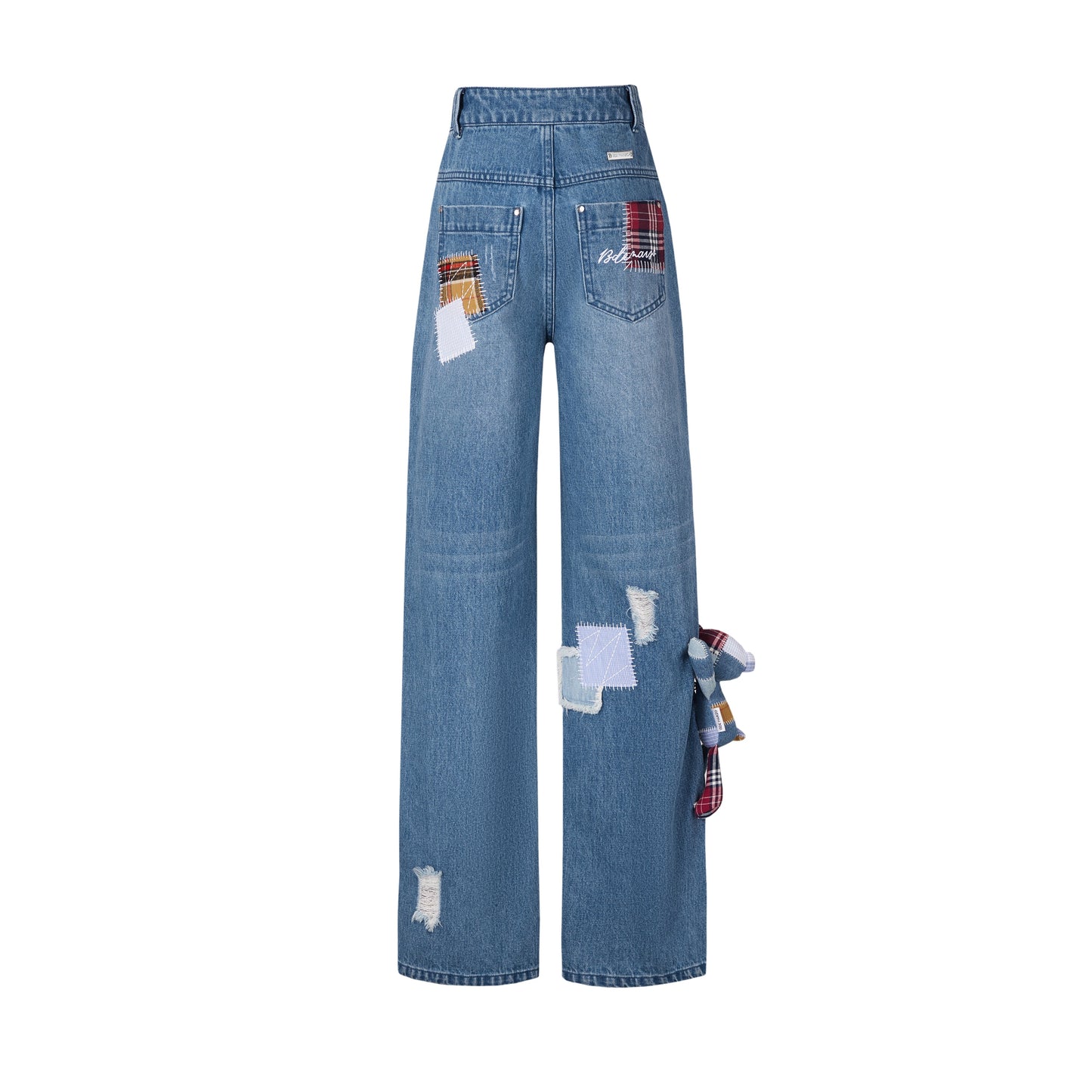 13DE MARZO Denim Bear Plaid Patch Jeans