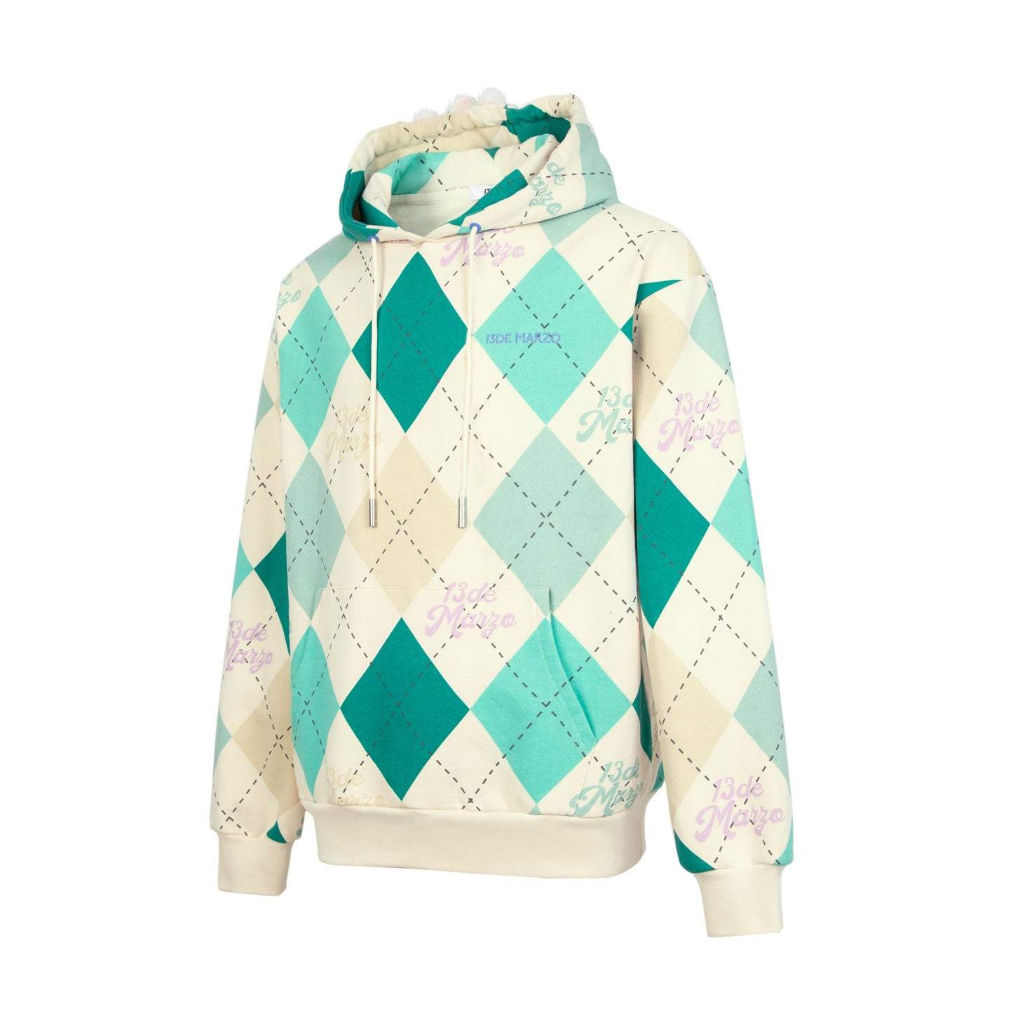 13DE MARZO Bunny Vintage Diamond Pattern Hoodie