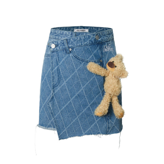 13DE MARZO Bear Diamond Check Denim Skirt