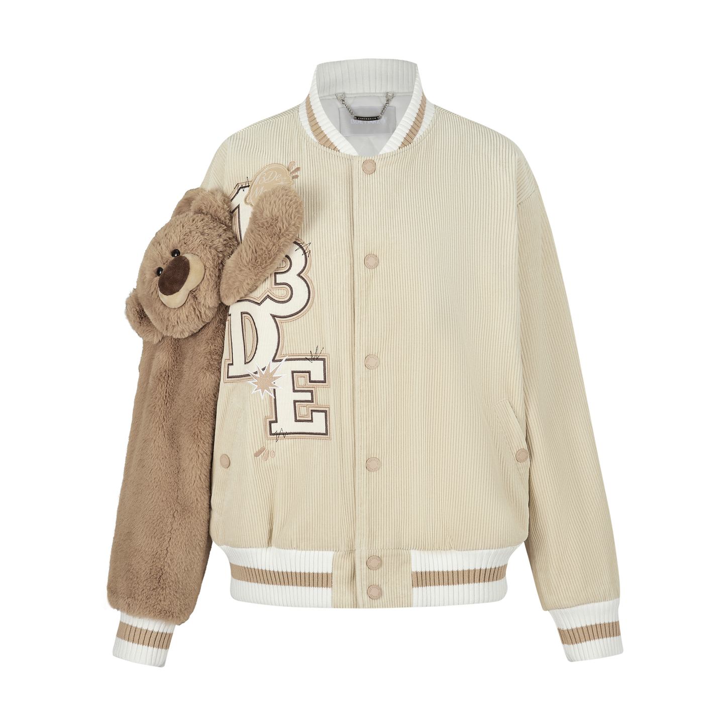 13DE MARZO Bear Sleeve Corduroy Baseball Jacket