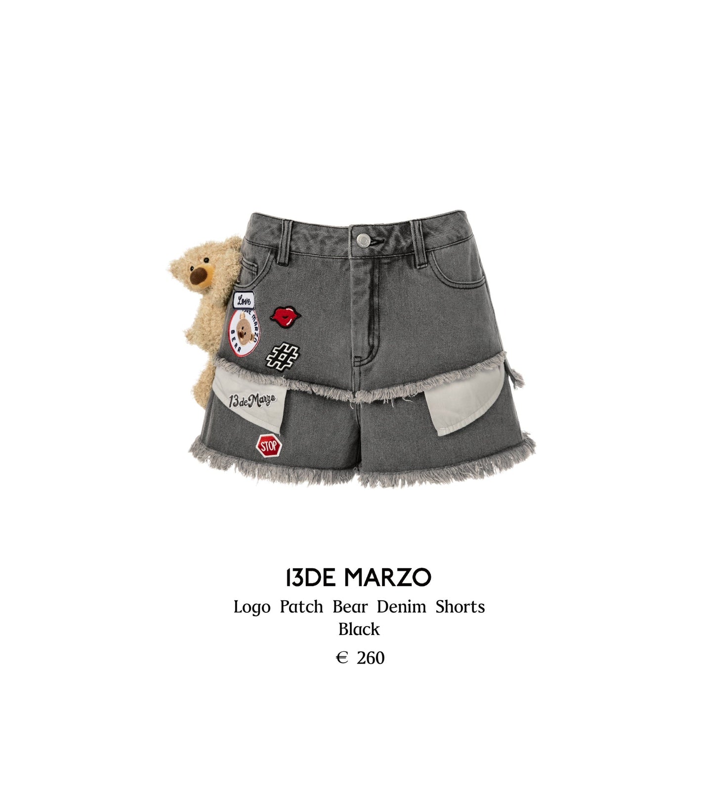 13DE MARZO Logo Patch Bear Denim Shorts