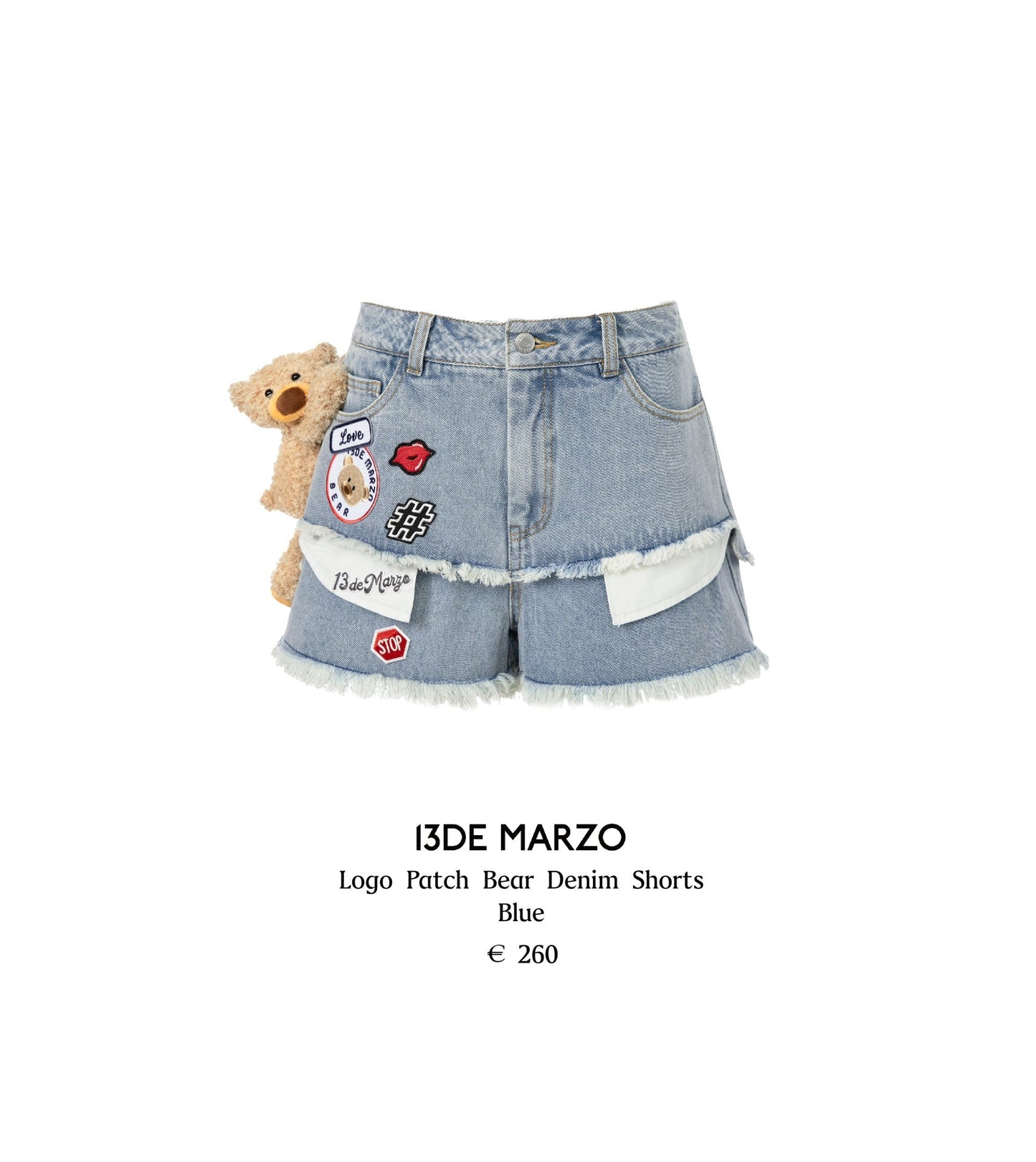 13DE MARZO Logo Patch Bear Denim Shorts